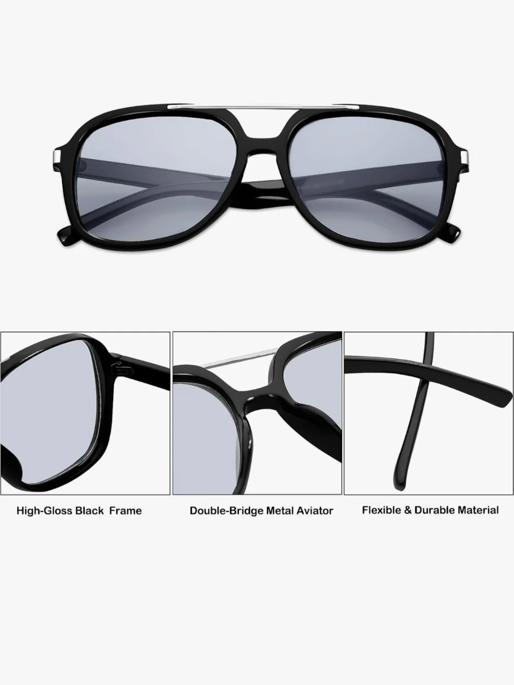 Black Aviator Sunglasses with Silver Bridge Unisex
